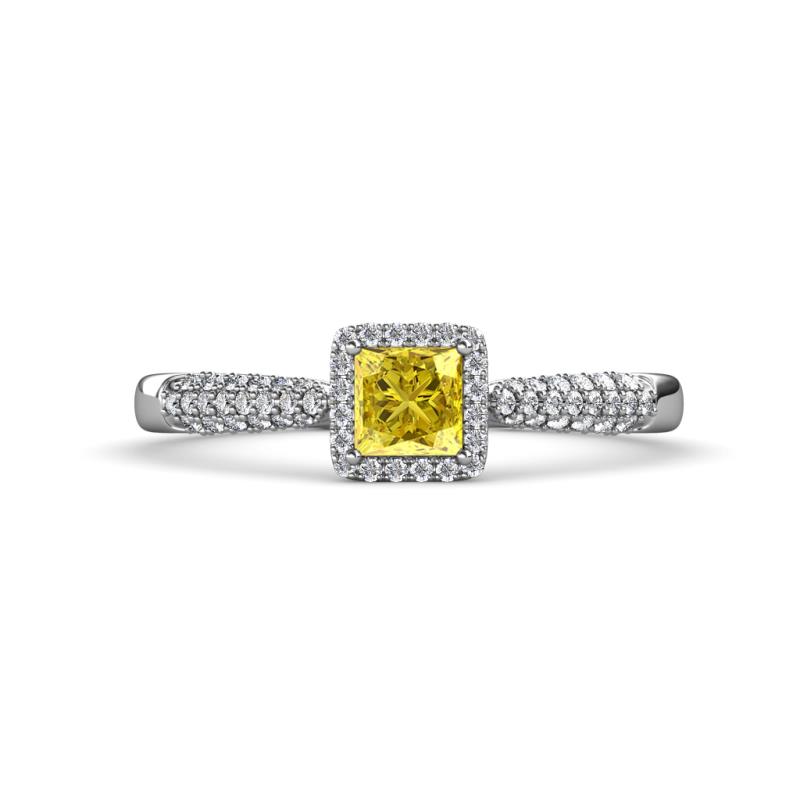Emily Classic 5.50 mm Princess Cut Lab Created Yellow Sapphire and Round Diamond Micro Pave Tapered Shank Halo Engagement Ring 