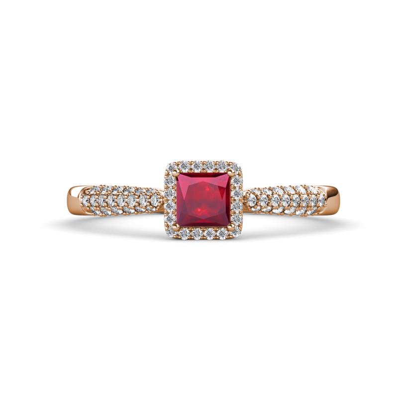 Emily Classic 5.50 mm Princess Cut Ruby and Round Diamond Micro Pave Tapered Shank Halo Engagement Ring 