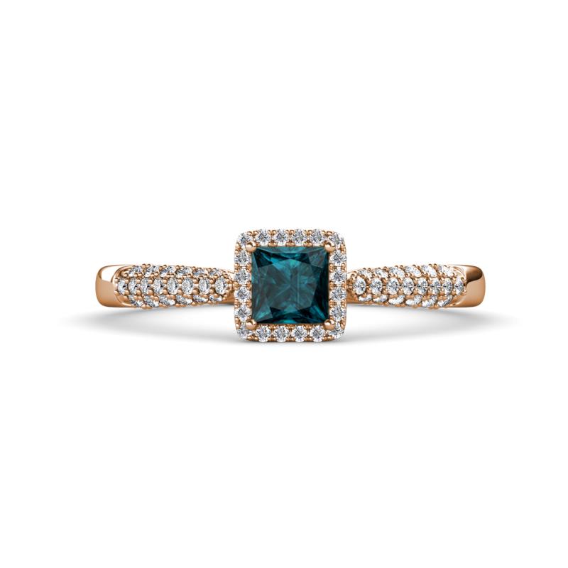 Emily Classic 5.50 mm Princess Cut London Blue Topaz and Round Diamond Micro Pave Tapered Shank Halo Engagement Ring 