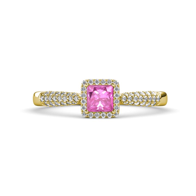 Emily Classic 5.50 mm Princess Cut Lab Created Pink Sapphire and Round Diamond Micro Pave Tapered Shank Halo Engagement Ring 
