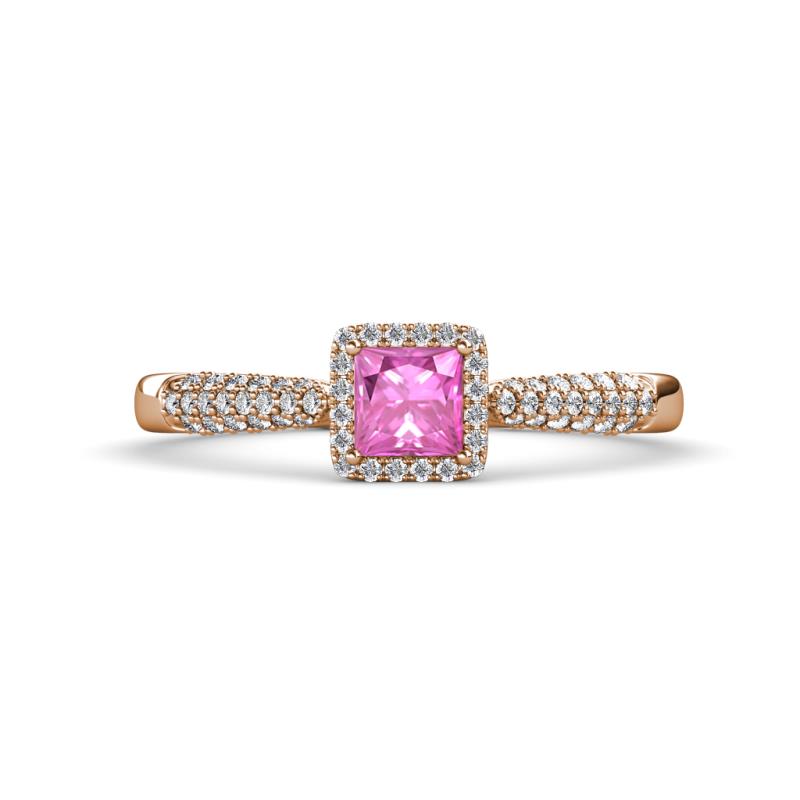 Emily Classic 5.50 mm Princess Cut Pink Sapphire and Round Diamond Micro Pave Tapered Shank Halo Engagement Ring 