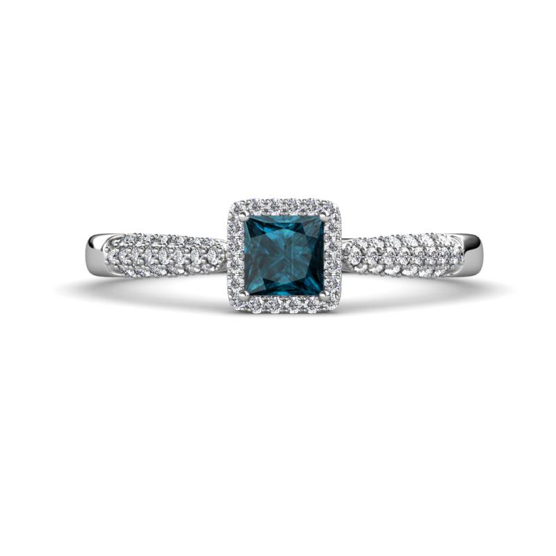 Emily Classic 5.50 mm Princess Cut Blue Diamond and Round White Diamond Micro Pave Tapered Shank Halo Engagement Ring 