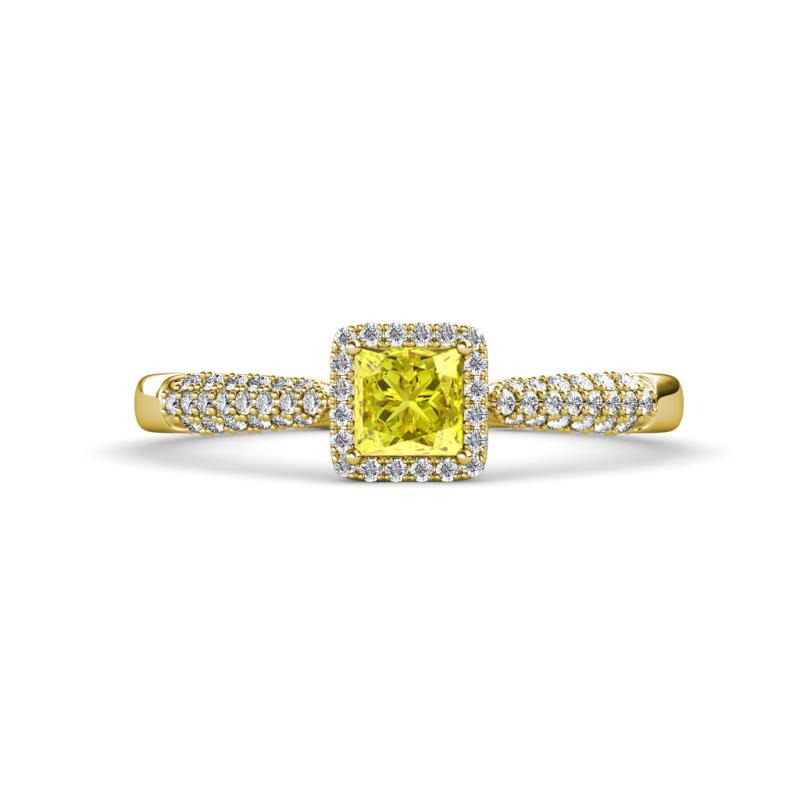 Emily Classic 5.50 mm Princess Cut Yellow Diamond and Round White Diamond Micro Pave Tapered Shank Halo Engagement Ring 