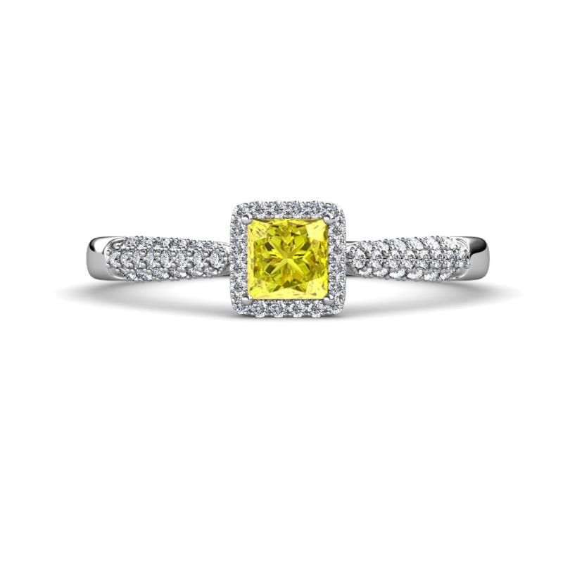 Emily Classic 5.50 mm Princess Cut Yellow Diamond and Round White Diamond Micro Pave Tapered Shank Halo Engagement Ring 