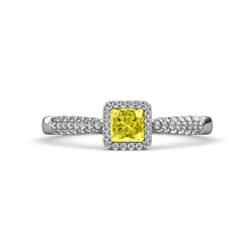 Emily Classic 5.50 mm Princess Cut Yellow Diamond and Round White Diamond Micro Pave Tapered Shank Halo Engagement Ring 