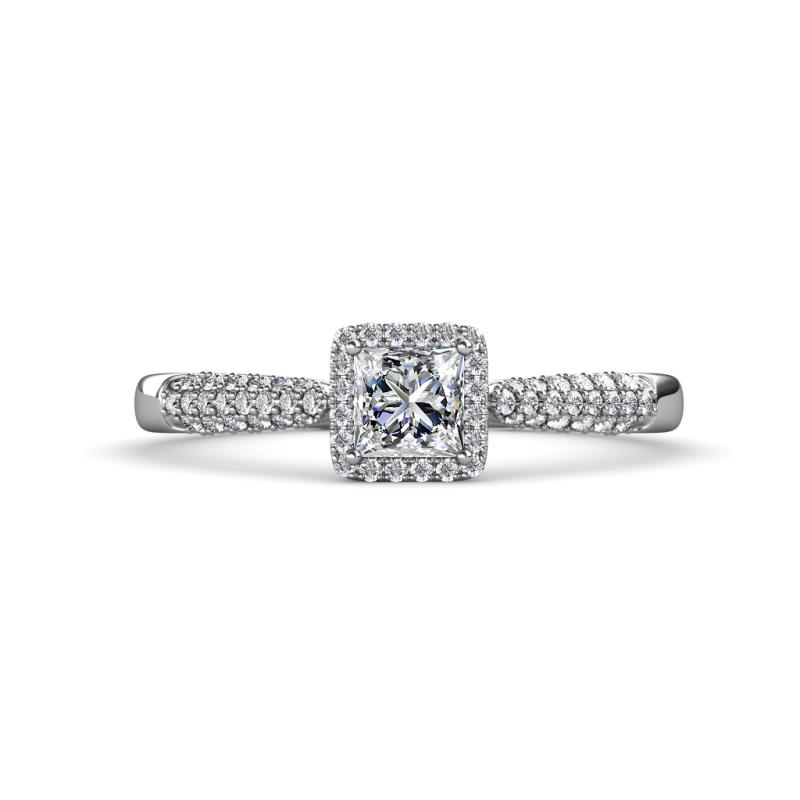 Emily Classic 5.50 mm Princess Cut and Round Diamond Micro Pave Tapered Shank Halo Engagement Ring 
