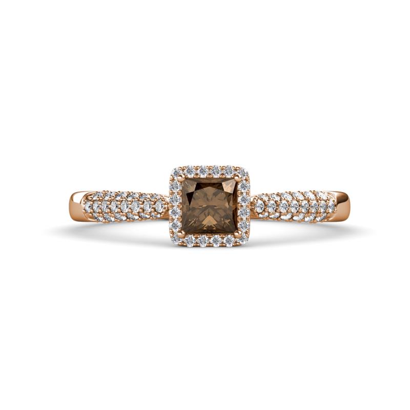 Emily Classic 5.50 mm Princess Cut Smoky Quartz and Round Diamond Micro Pave Tapered Shank Halo Engagement Ring 