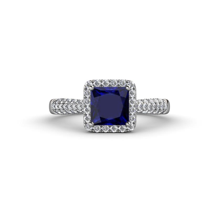 Emily Classic 6.50 mm Princess Cut Chatham Created Blue Sapphire and Round Natural Diamond Micro Pave Tapered Shank Halo Engagement Ring 