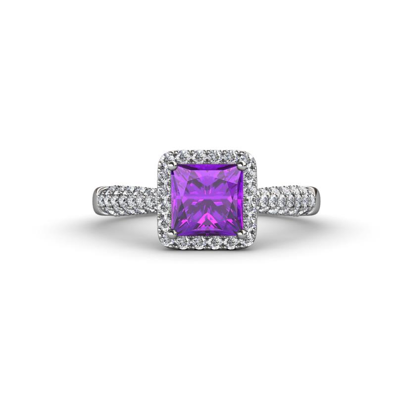 Emily Classic 6.50 mm Princess Cut Amethyst and Round Diamond Micro Pave Tapered Shank Halo Engagement Ring 