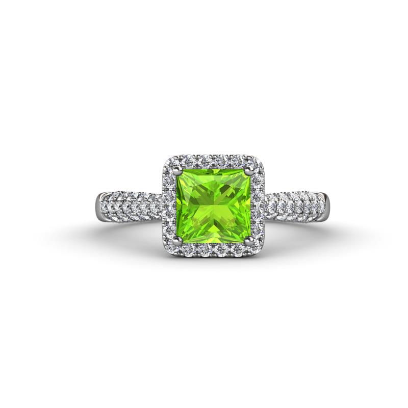 Emily Classic 6.50 mm Princess Cut Peridot and Round Diamond Micro Pave Tapered Shank Halo Engagement Ring 