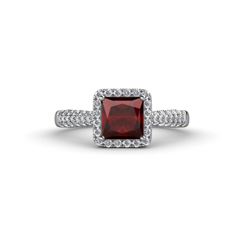 Emily Classic 6.50 mm Princess Cut Red Garnet and Round Diamond Micro Pave Tapered Shank Halo Engagement Ring 