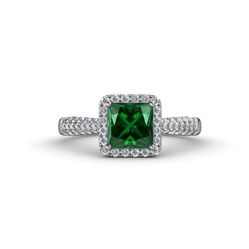 Emily Classic 6.50 mm Princess Cut Chatham Created Emerald and Round Diamond Micro Pave Tapered Shank Halo Engagement Ring 