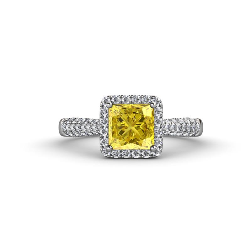 Emily Classic 6.50 mm Princess Cut Chatham Created Yellow Sapphire and Round Natural Diamond Micro Pave Tapered Shank Halo Engagement Ring 