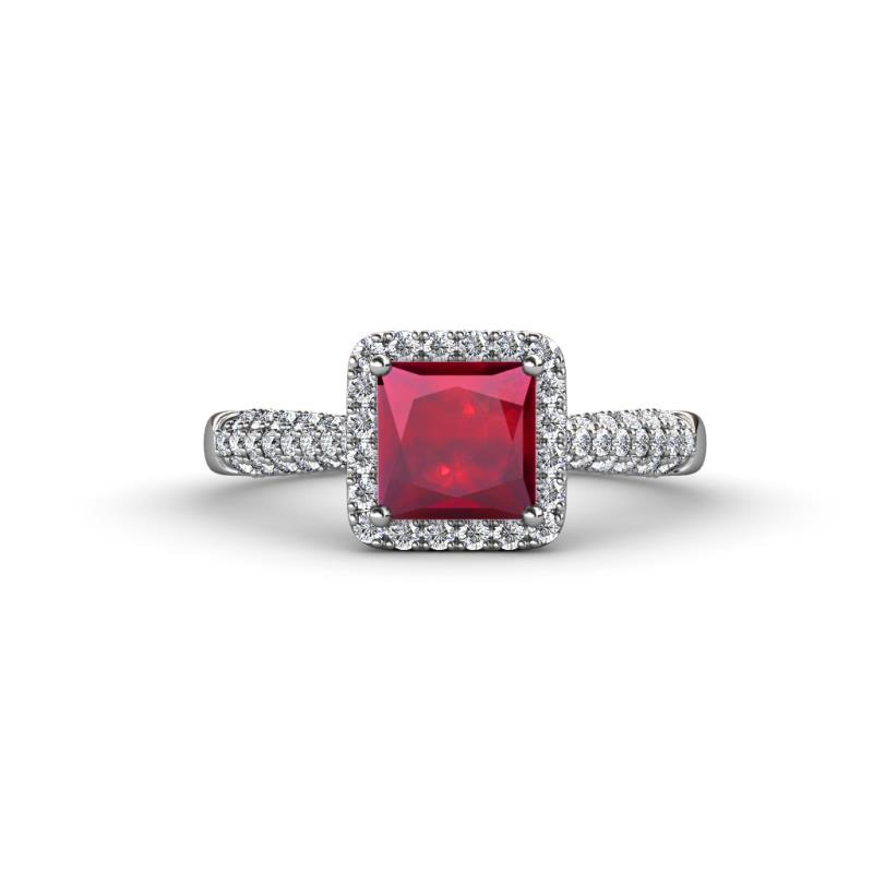 Emily Classic 6.50 mm Princess Cut Chatham Created Ruby and Round Natural Diamond Micro Pave Tapered Shank Halo Engagement Ring 