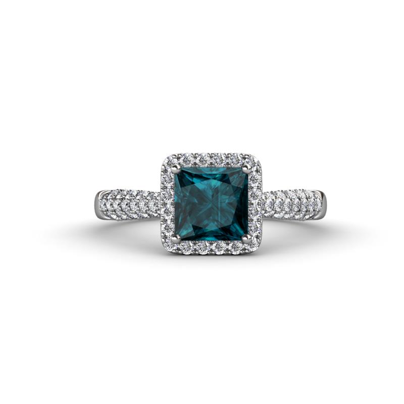 Emily Classic 6.50 mm Princess Cut London Blue Topaz and Round Diamond Micro Pave Tapered Shank Halo Engagement Ring 