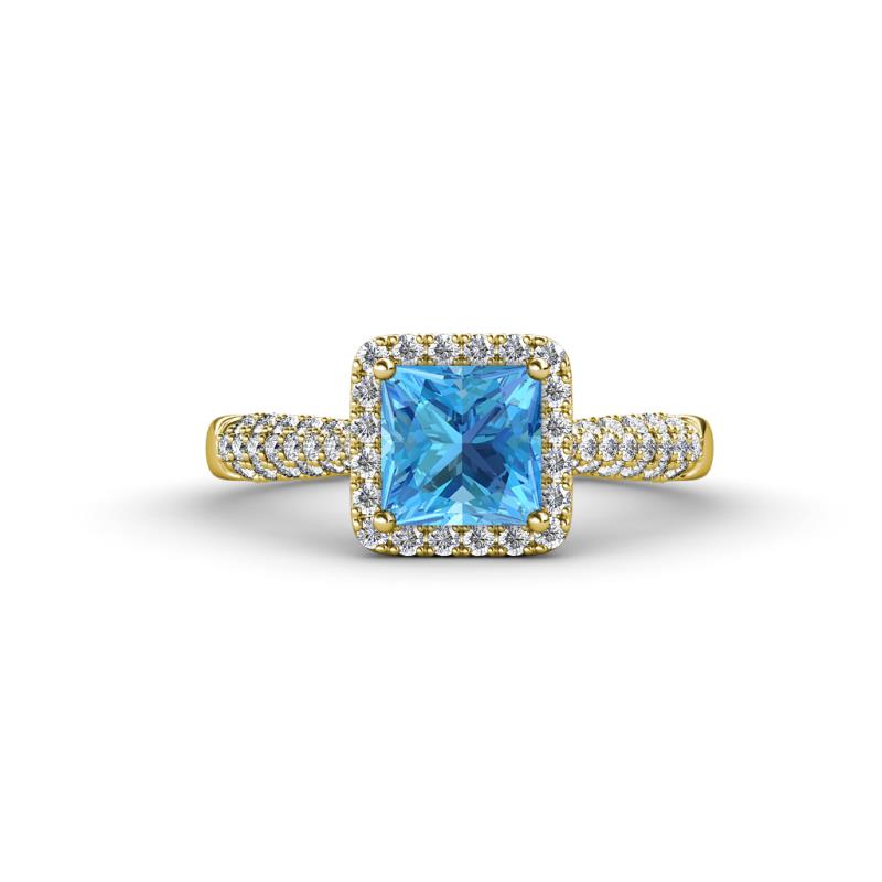 Emily Classic 6.50 mm Princess Cut Blue Topaz and Round Diamond Micro Pave Tapered Shank Halo Engagement Ring 