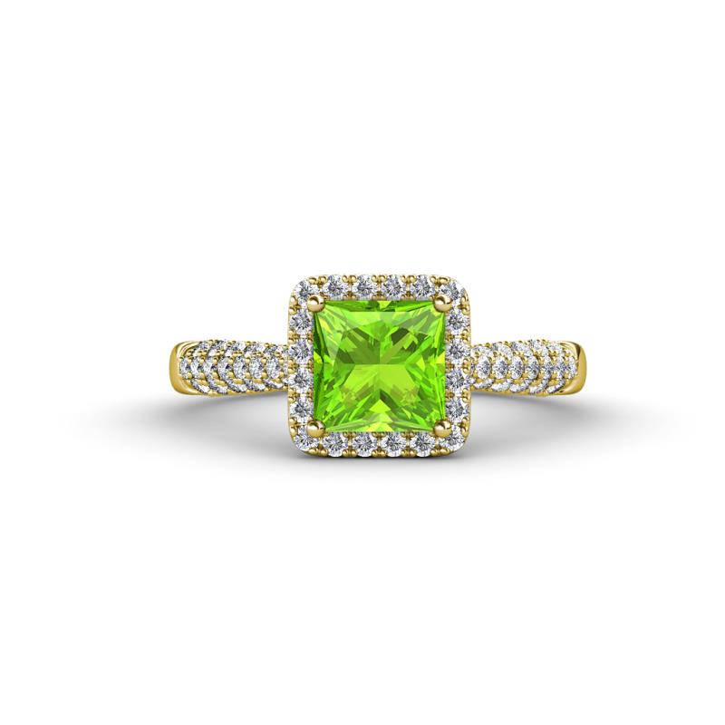 Emily Classic 6.50 mm Princess Cut Peridot and Round Diamond Micro Pave Tapered Shank Halo Engagement Ring 