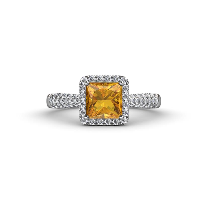 Emily Classic 6.50 mm Princess Cut Citrine and Round Diamond Micro Pave Tapered Shank Halo Engagement Ring 