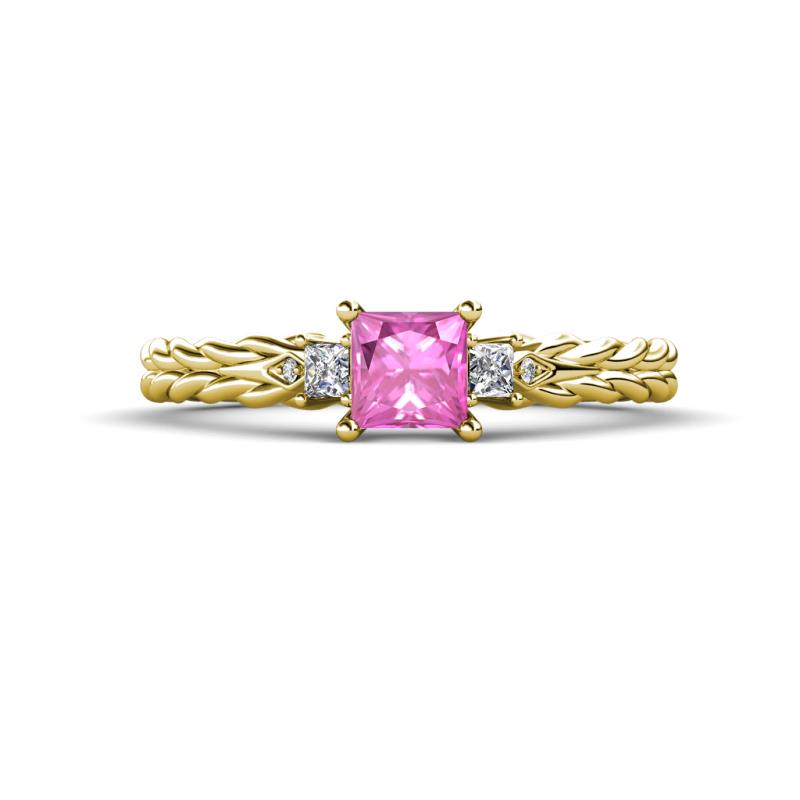 Lyla Classic Princess Cut Lab Created Pink Sapphire and Diamond Braided Shank Three Stone Engagement Ring 