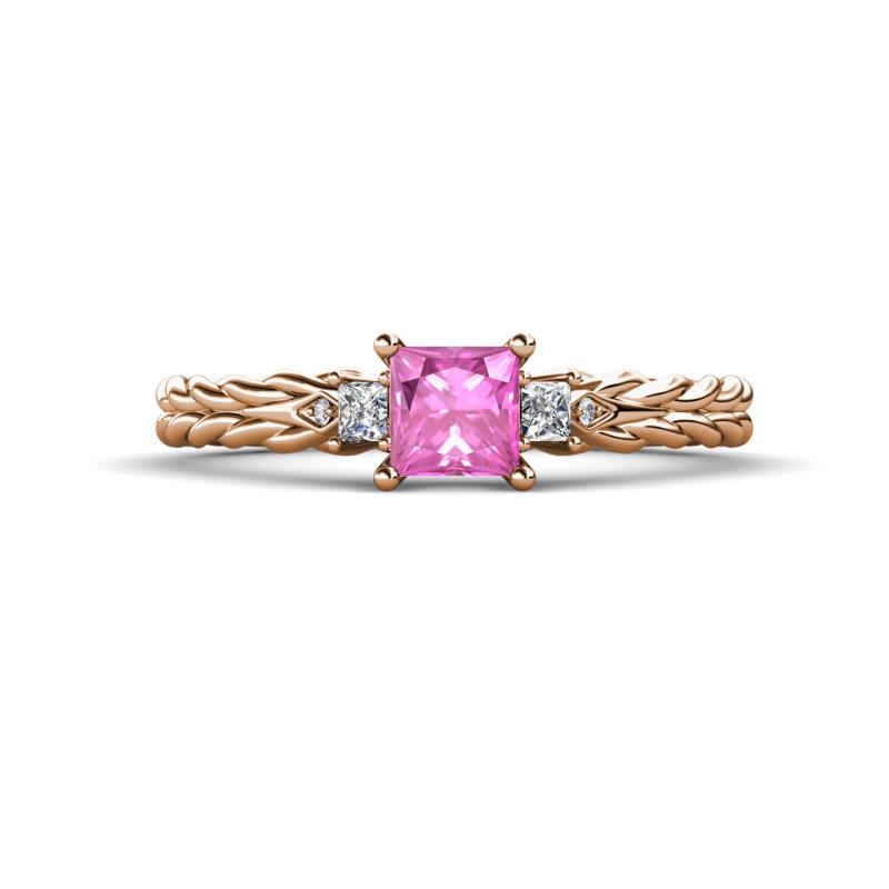 Lyla Classic Princess Cut Lab Created Pink Sapphire and Diamond Braided Shank Three Stone Engagement Ring 
