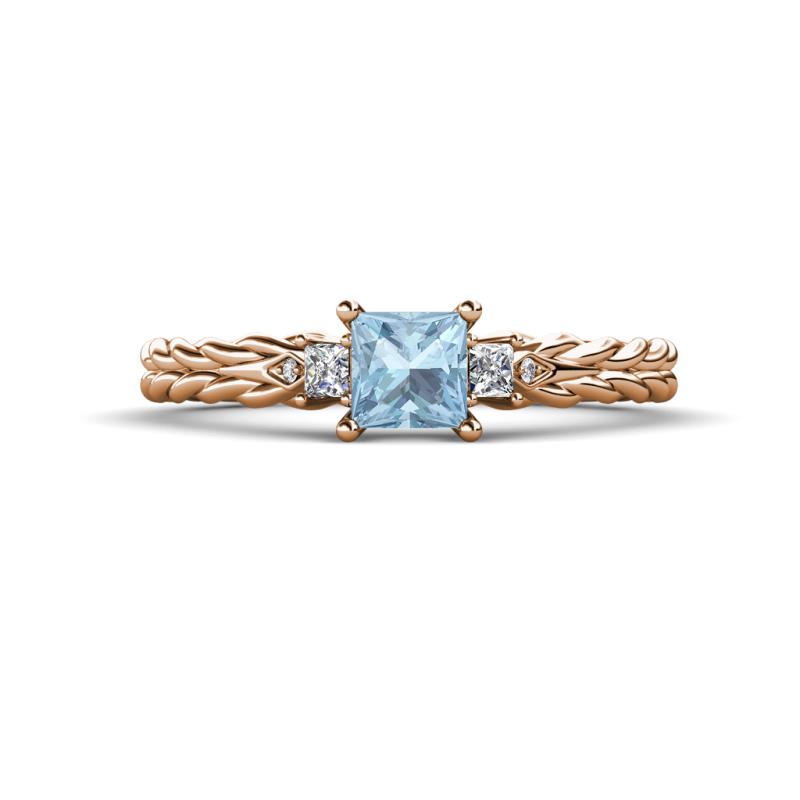 Lyla Classic Princess Cut Aquamarine and Diamond Braided Shank Three Stone Engagement Ring 
