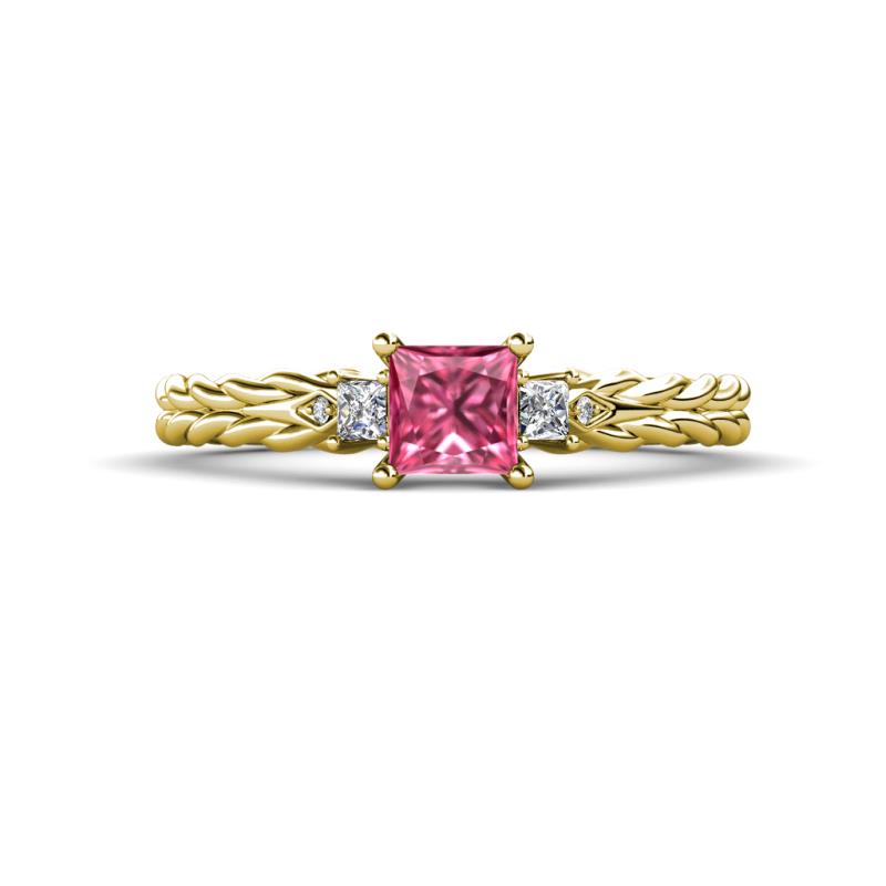 Lyla Classic Princess Cut Pink Tourmaline and Diamond Braided Shank Three Stone Engagement Ring 
