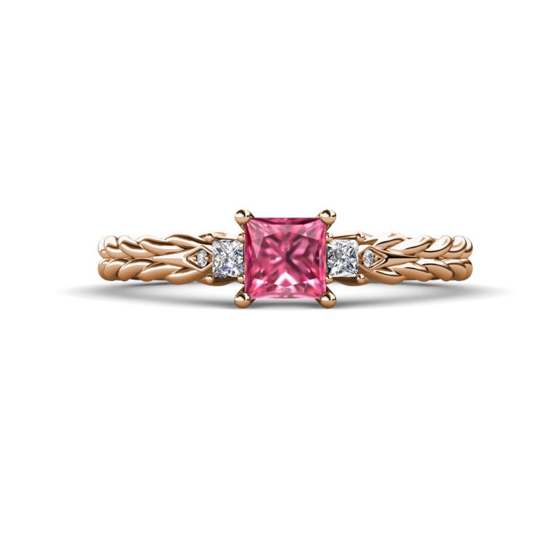 Lyla Classic Princess Cut Pink Tourmaline and Diamond Braided Shank Three Stone Engagement Ring 