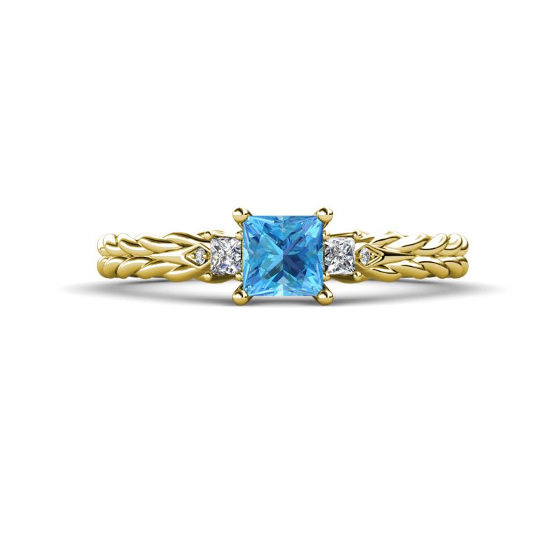 Lyla Classic Princess Cut Blue Topaz and Diamond Braided Shank Three Stone Engagement Ring 