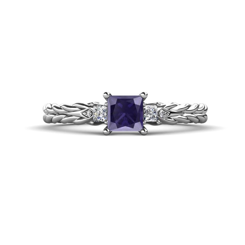 Lyla Classic Princess Cut Iolite and Diamond Braided Shank Three Stone Engagement Ring 