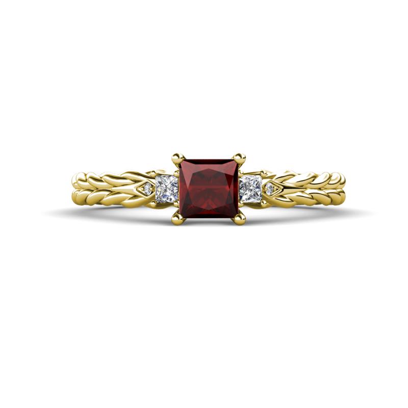 Lyla Classic Princess Cut Red Garnet and Diamond Braided Shank Three Stone Engagement Ring 