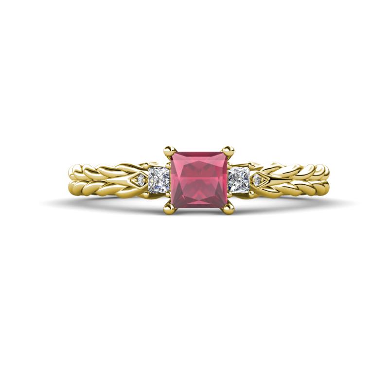 Lyla Classic Princess Cut Rhodolite Garnet and Diamond Braided Shank Three Stone Engagement Ring 
