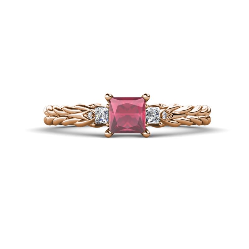 Lyla Classic Princess Cut Rhodolite Garnet and Diamond Braided Shank Three Stone Engagement Ring 