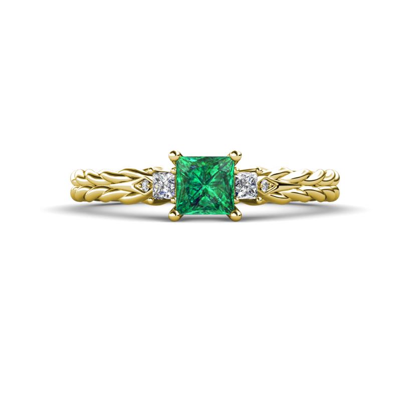 Lyla Classic Princess Cut Emerald and Diamond Braided Shank Three Stone Engagement Ring 