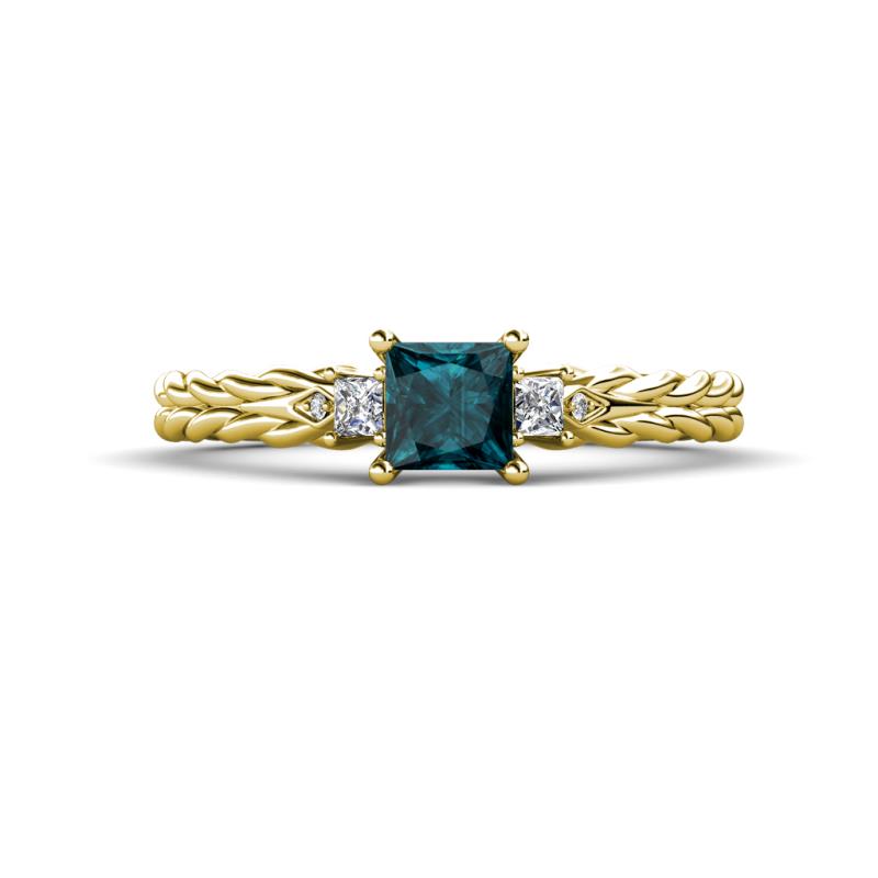 Lyla Classic Princess Cut London Blue Topaz and Diamond Braided Shank Three Stone Engagement Ring 