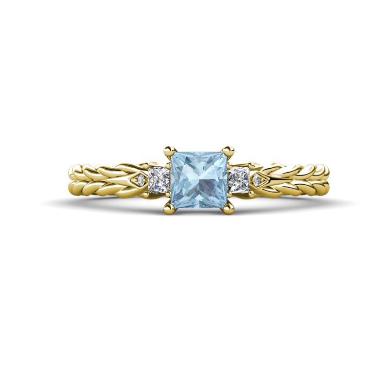 Lyla Classic Princess Cut Aquamarine and Diamond Braided Shank Three Stone Engagement Ring 
