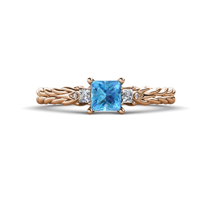 Lyla Classic Princess Cut Blue Topaz and Diamond Braided Shank Three Stone Engagement Ring 