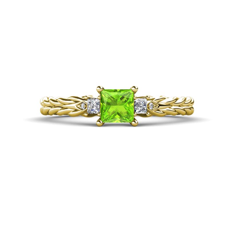 Lyla Classic Princess Cut Peridot and Diamond Braided Shank Three Stone Engagement Ring 