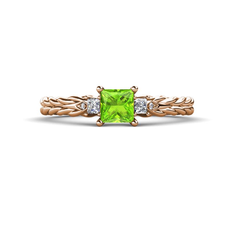 Lyla Classic Princess Cut Peridot and Diamond Braided Shank Three Stone Engagement Ring 