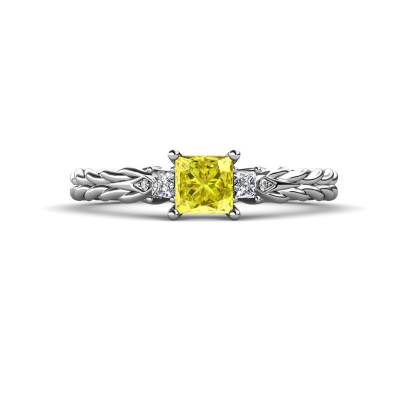 Lyla Classic Princess Cut Yellow and White Diamond Braided Shank Three Stone Engagement Ring 