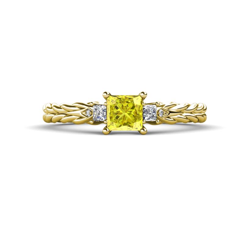 Lyla Classic Princess Cut Yellow and White Diamond Braided Shank Three Stone Engagement Ring 