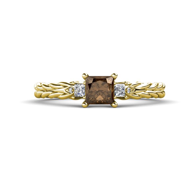 Lyla Classic Princess Cut Smoky Quartz and Diamond Braided Shank Three Stone Engagement Ring 