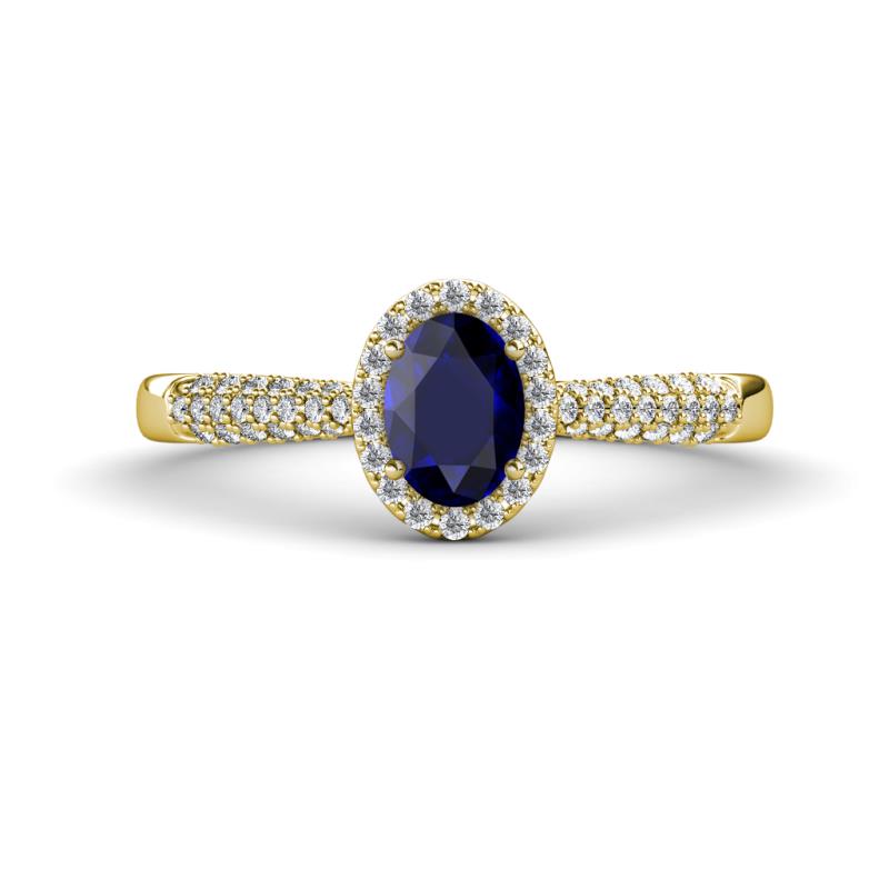 Emily Classic Oval Cut Blue Sapphire and Round Diamond Micro Pave Tapered Shank Halo Engagement Ring 