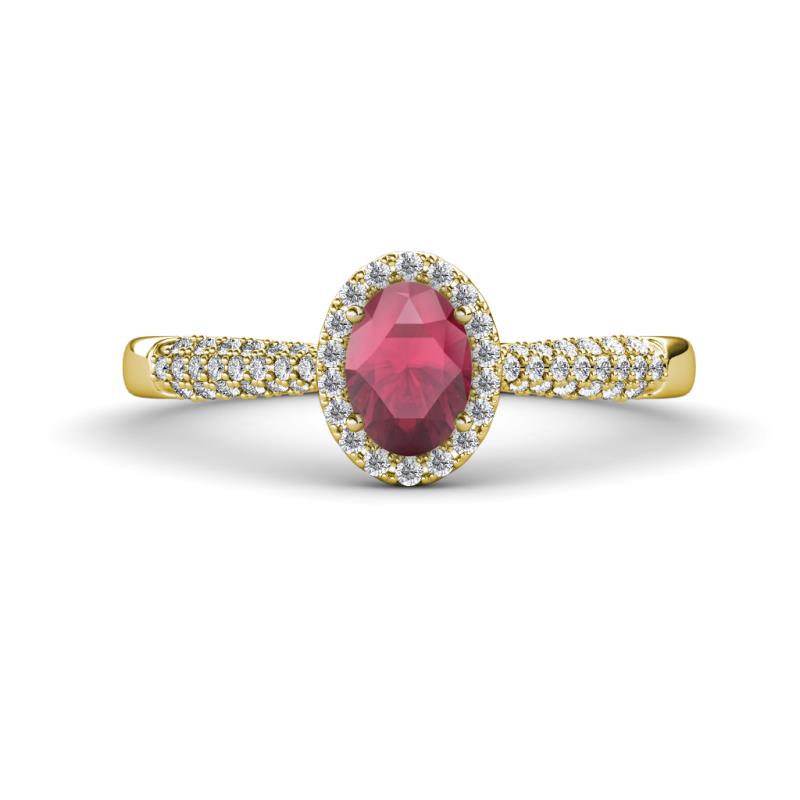 Emily Classic Oval Cut Rhodolite Garnet and Round Diamond Micro Pave Tapered Shank Halo Engagement Ring 