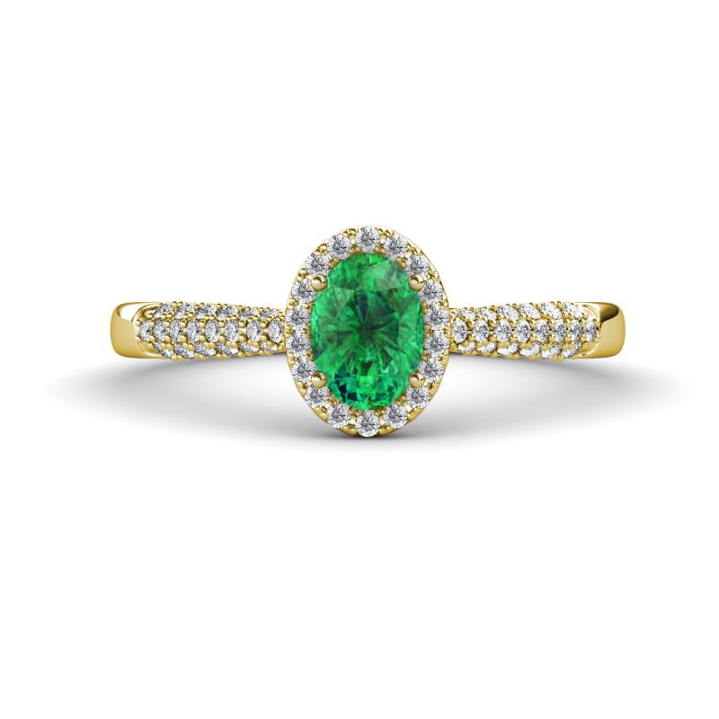Emily Classic Oval Cut Emerald and Round Diamond Micro Pave Tapered Shank Halo Engagement Ring 