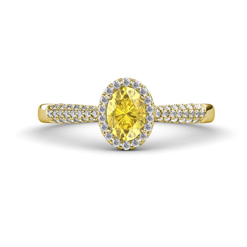 Emily Classic Oval Cut Yellow Sapphire and Round Diamond Micro Pave Tapered Shank Halo Engagement Ring 