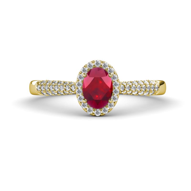 Emily Classic Oval Cut Ruby and Round Diamond Micro Pave Tapered Shank Halo Engagement Ring 