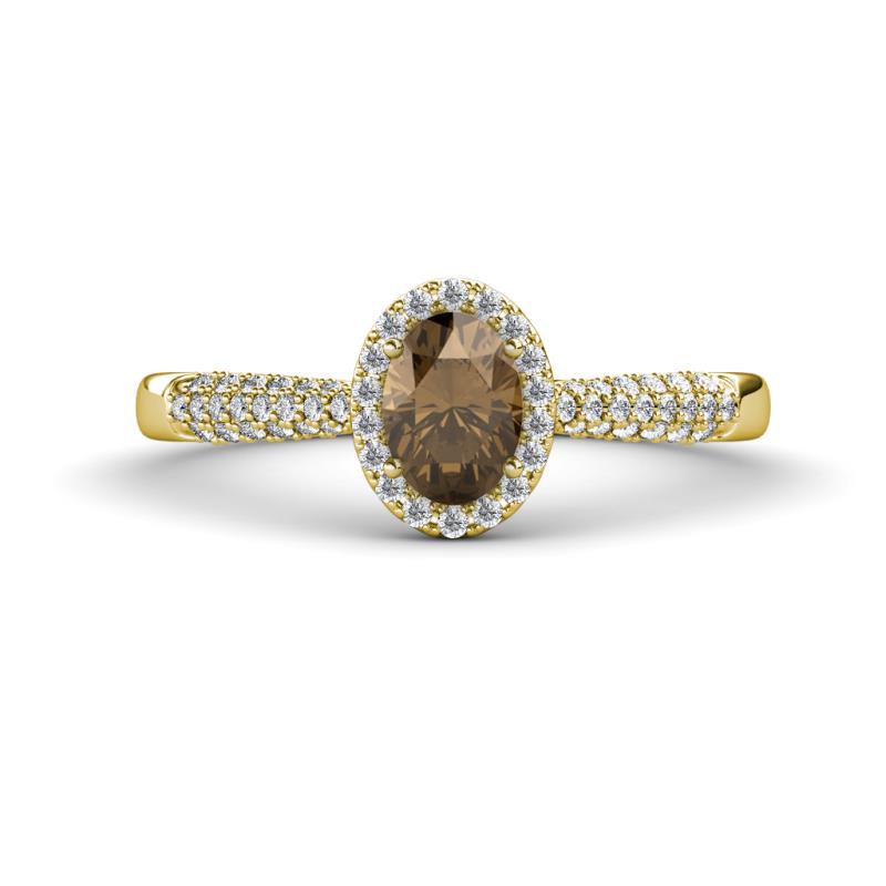 Emily Classic Oval Cut Smoky Quartz and Round Diamond Micro Pave Tapered Shank Halo Engagement Ring 