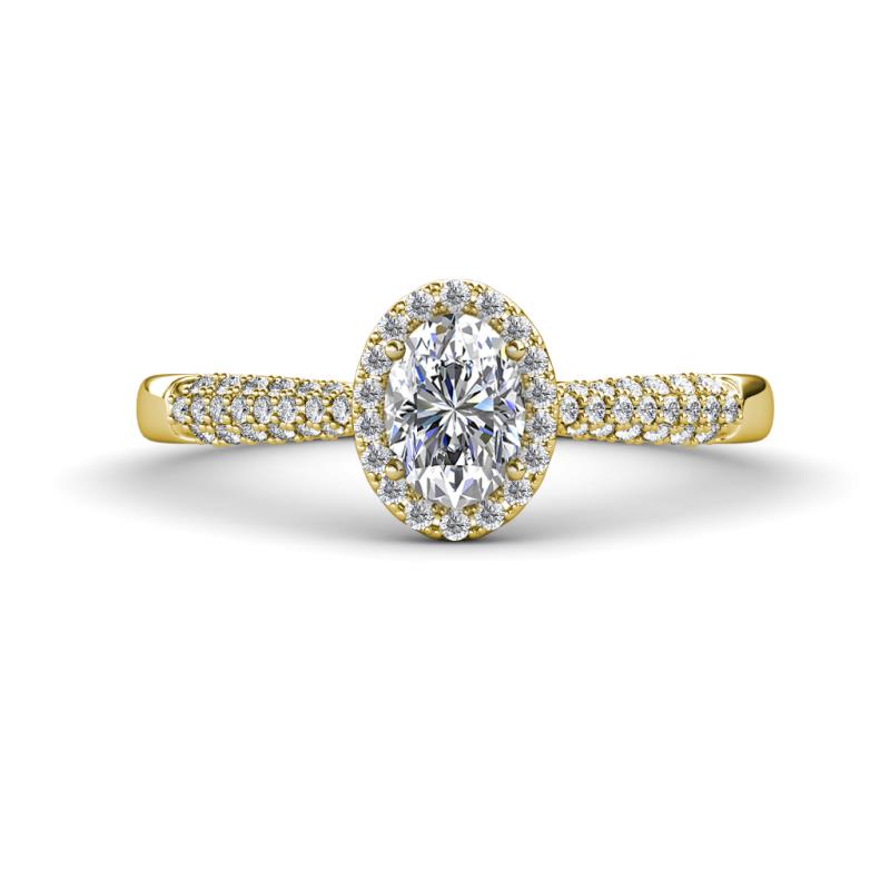 Emily Classic Oval Cut and Round Diamond Micro Pave Tapered Shank Halo Engagement Ring 