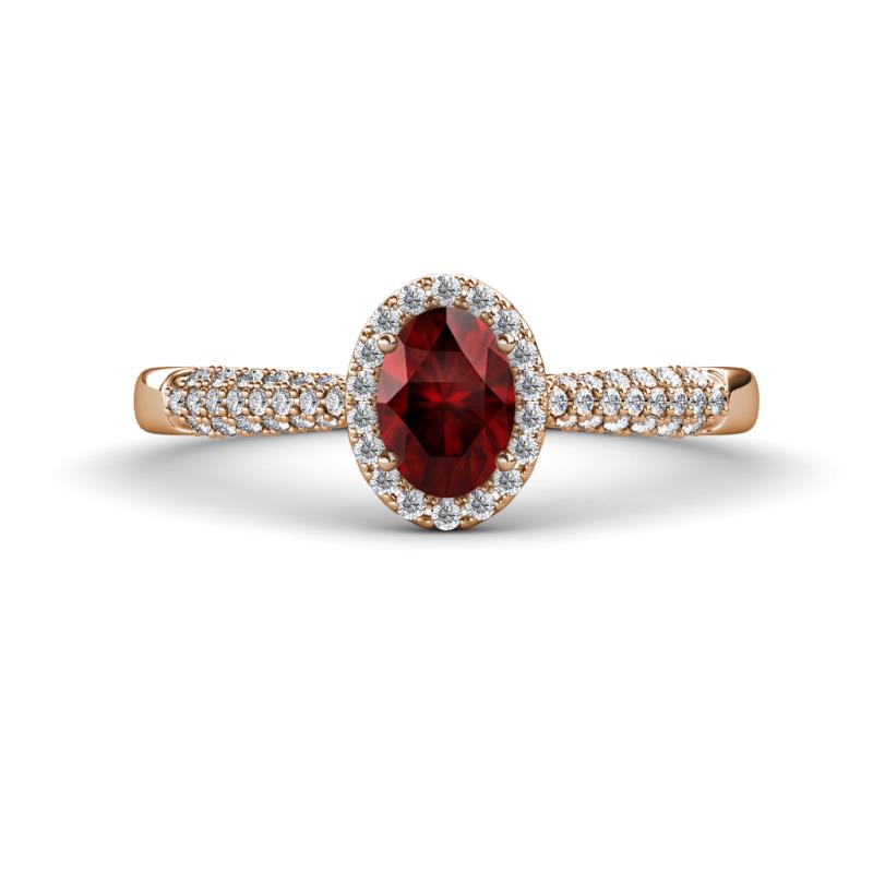 Emily Classic Oval Cut Red Garnet and Round Diamond Micro Pave Tapered Shank Halo Engagement Ring 