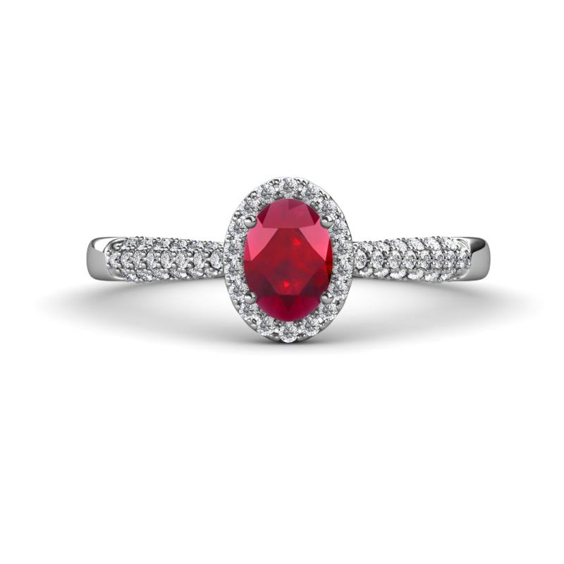 Emily Classic Oval Cut Ruby and Round Diamond Micro Pave Tapered Shank Halo Engagement Ring 